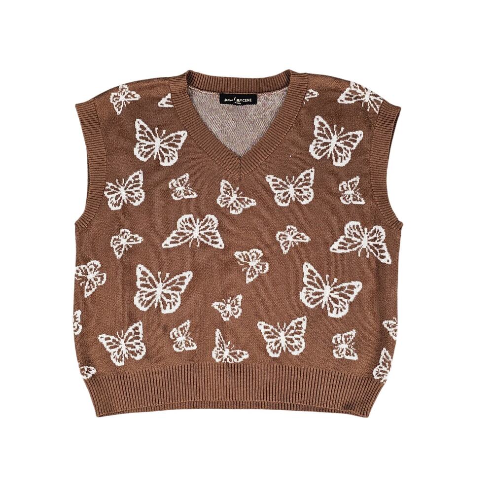 Social Scene sweater vest women's szM brown white butterflies pullover hippie